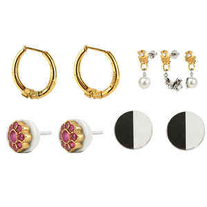 24K Gold Plated Oxidized Polish Vintage Number Hoop Earrings with Pearl-Stainless Steel Casual Multi Stud Combo - Product Image 2