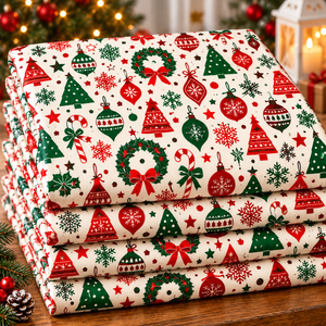 Tissu en microfibre de poids moyen, écologique et biologique, à motif de rennes, rouge et vert, pour la couture de Noël - Product Image 1