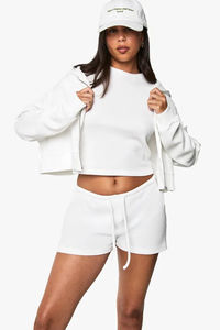 Conjunto de Sudadera con Capucha y Pantalones Cortos de Algodón para Mujer, Personalizable, con Cierre, Estilo Desgastado, Lavado Ácido - Product Image 3