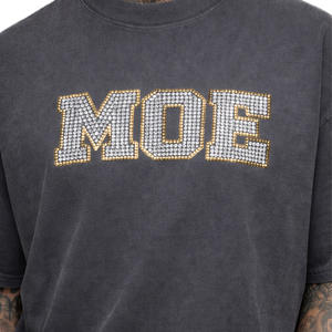 Camisetas de algodón lavado para hombre con logo de diamantes de imitación estampado frontal, corte relajado, cuello redondo, estilo streetwear, para pedidos al por mayor - Product Image 3