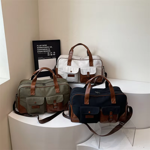 Sac de voyage en toile blanc cassé avec garniture en cuir, multi-poches, sac de week-end robuste - Product Image 6