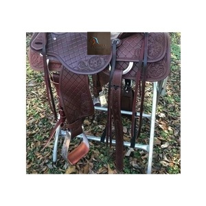 Selle de cheval Western en cuir marron pour barrel racing, motif floral et tressé, siège rigide, sangles latigo, avec kit de harnais, 10-18 pouces - Product Image 3