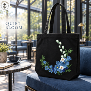 Bolsa de Lona Negra con Estampado Floral Azul y Asas Largas |   Bolsa de compras botánica para uso diario y viajes diarios - Product Image 4