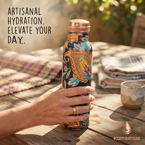 Botella de Agua de Cobre Hecha a Mano con Diseño Floral Kalamkari, Botella Metálica para Beber, Venta al Por Mayor, Exportación, Regalo para el Hogar y la Cocina, Proveedores - Product Image 2