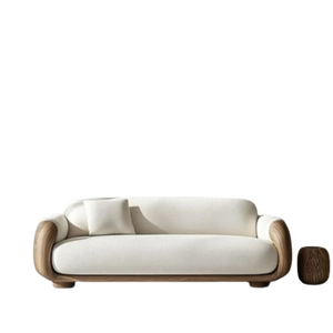 Sofá de Tela Crema Estilo Japandi Wabi-Sabi con Estructura de Madera de Teca Sólida Curvada Orgánica para Villa de Lujo - Product Image 1