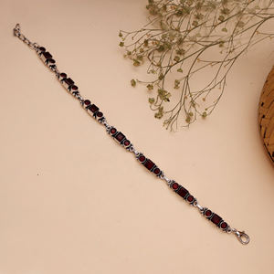 Elegant Ethnic Antique Silver Plated Brass Beaded <b>Bracelet</b> with Red Cubic Zirconia <b>Stones</b> Bezel Setting for Women's Anniversary - Product Image 3