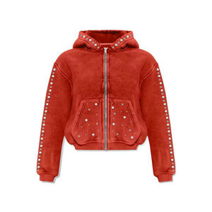 Sweat à capuche pour homme style streetwear, zippé, en coton délavé à l'acide, orné de perles et pierres précieuses, en vente - Product Image 1