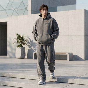 Men's Grey Oversized Hoodie Sweatpants Tracksuit <b>Set</b> One Apex Streetwear Two-Piece <b>Matching</b> Casual <b>Jogger</b> Outfit - Product Image 3