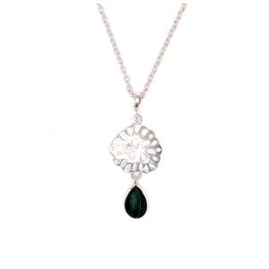 Pendentif en argent 925 en forme de goutte d'eau avec motif floral et malachite, bijou unisexe pour tous les jours, finition polie - Product Image 3