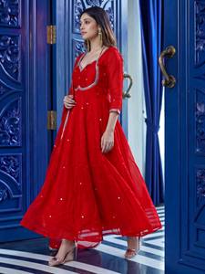 Red Traditional Anarkali Suit With Embroidered Dupatta For Women Wedding Wear Indian Pakistani Style Floor Length Salwar Kameez - Product Image 3