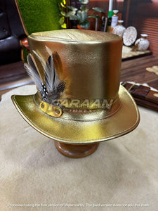 Metallic Gold Leather <b>Top</b> Hat <b>with</b> <b>Feather</b> Accent Tall Crown Wide Brim Luxury Gentleman Festival - Product Image 3