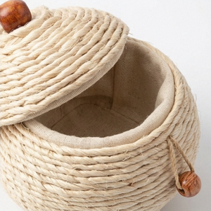 Boîte à monnaie artisanale, panier de rangement rond de style bohème avec couvercle, décoration de table d'intérieur, utilisation dans le salon - Product Image 1
