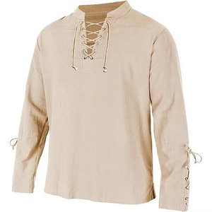 Chemises à manches longues pour hommes, col en V à lacets, style médiéval pirate, streetwear, Halloween, gothique, punk, couleur unie - Product Image 1
