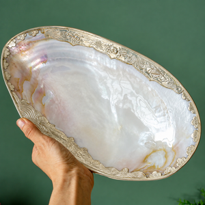Plateau de présentation en nacre de qualité supérieure avec bordure argentée pour bijoux, bonbons, décoration intérieure, objet de collection, grand modèle décoratif floral - Product Image 4