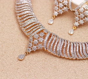High Quality Diamond Style CZ Necklace Set Gold Plated Brass Elegant Women Jewelry Wholesale Supplier - Product Image 3