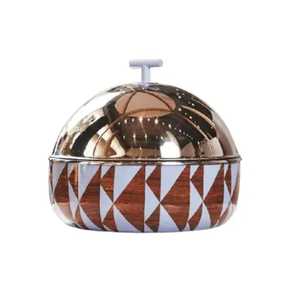 Round Metallic Container With <b>Wooden</b> Lid Curved Handle Textured Grooved Body <b>Rustic</b> Modern Design - Product Image 5