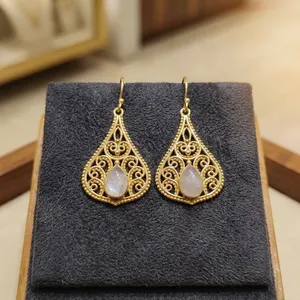 Natural Rose Quartz Brass <b>Earrings</b> Wholesale Handmade Gemstone Drop <b>Earrings</b> for Women - Product Image 3