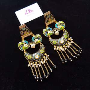 Kundan Style Black Enameled Designer Long Chandelier Earrings with Turquoise and Zircon - Product Image 1