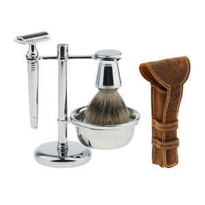 Ensemble de rasage classique 3 pièces pour homme avec manche en acier inoxydable professionnel et poils de blaireau pur personnalisés - Product Image 1