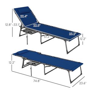 Dark Blue <b>Folding</b> <b>Outdoor</b> Chaise Lounge Chair with 5-Level Adjustable Back Side <b>Table</b> & Pillow Pocket for Poolside & Gym Use - Product Image 3