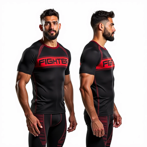 FIVE B Rashguard de compression pour homme, noir et rouge, imprimé par sublimation, ajusté, manches longues, anti-humidité, pour le sport - Product Image 3