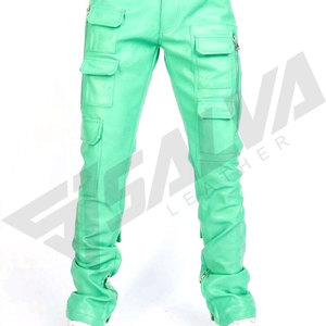 Pantalones de Cuero PU Verde para Hombre SALVA LEATHER, con Múltiples Bolsillos, Cierre de Cremallera, Cintura Elástica, Corte Recto, Impermeables, Casuales de Invierno - Product Image 2