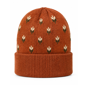 Gorros de Invierno de Punto con Diseño Floral Jacquard y Logotipo Personalizado al por Mayor, Color Marrón Óxido, Unisex, OEM, ODM - Product Image 1