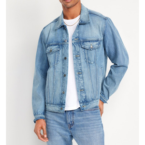 MANWA Veste en jean bleu délavé 100 % coton écologique pour homme, col rabattu, simple boutonnage, manches longues, décontractée pour l'automne - Product Image 3