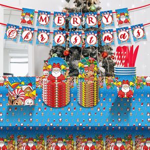 Christmas 10-Piece <b>Disposable</b> Party Supplies Kit Snowman Motif <b>Tableware</b> Paper Plates Banners Plastic Tablecloths Cut Design - Product Image 3