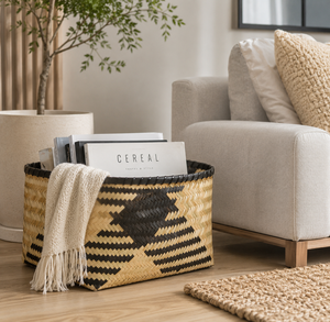 Cesta de Almacenamiento Rectangular de Bambú Natural con Patrón de Chevron Negro, Estilo Nórdico, Organizador Multiusos - Product Image 1