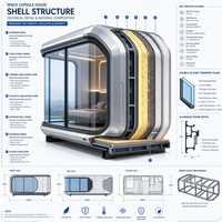 Maison capsule spatiale de luxe moderne, maison préfabriquée, cabane mobile, villa de villégiature avec balcon en verre à commande intelligente, imperméable, extérieur