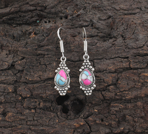Boucles d'oreilles pendantes faites à la main en argent sterling 925 avec pierre précieuse turquoise couleur barbe à papa, taille goutte d'eau, bordure de perles granulées, pour fiançailles - Product Image 2