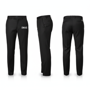 Pantalon habillé noir pour homme, coupe droite, taille mi-haute, fermeture boutonnée, décoration lettre, devant plat sur la jambe droite, tissu tissé - Product Image 1