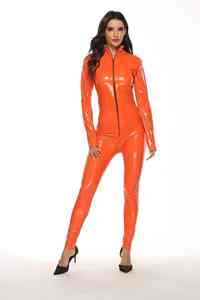 Mono de látex sexy para mujer, de manga larga, con cremallera frontal, pantalones largos de PU metálico, estilo wet look, body de teddy, ropa de club. - Product Image 3