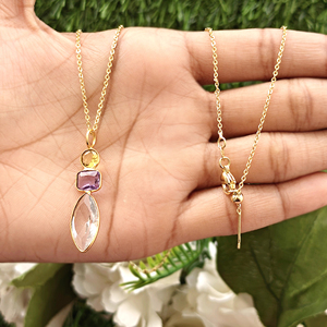Wholesale 18k gold plated citrine amethyst crystal quartz briolette pendant checker cut stone necklace brass <b>cable</b> chain jewelry - Product Image 4