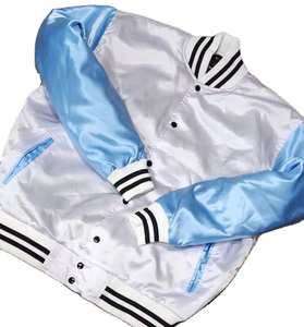 White Blue Varsity Jacket Men Preppy Style Satin Bomber Jacket Regular Fit Turn-down Collar Button Closure Autumn Wear - Product Image 5