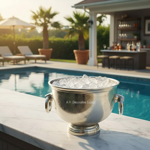 Cubo de hielo de metal plateado antiguo con pedestal y asas para champán, vino, cerveza y fiestas - Product Image 3