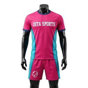 ชุดเสื้อและกางเกงขาสั้นสำหรับเล่นเน็ตบอลสีชมพูเทอร์ควอยซ์สำหรับผู้ชาย ผ้าโพลีเอสเตอร์ ทรงสปอร์ต ชุดกีฬา แถบข้างตัวเสื้อ เหมาะสำหรับการแข่งขันและการฝึกซ้อม - Product Image 1