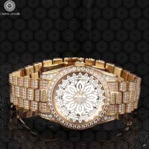 Charm_Jewells Montre de luxe pour homme en or jaune, boîtier rond, analogique, à quartz, incrustée de diamants, fermoir pliant, bracelet de 20 mm - Product Image 1