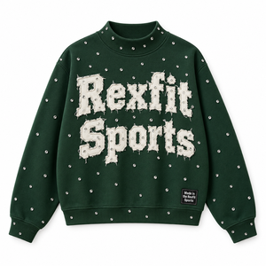 Sweat-shirt à col rond Rexfit Sports marron, coupe ample, détail en strass, appliqué vieilli, streetwear unisexe, pull en tricot - Product Image 3