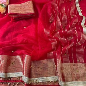 AARIKA TEXTILE Karwa Chauth Special Pure Tissue Ghungroo <b>Saree</b> Jacquard Weaving Tassel Latkan Designer Border Festive Party Wear - Product Image 1