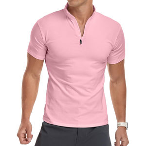 T-shirt à manches courtes pour homme, best-seller, personnalisé, été, col quart zippé, motif uni, tissu coton respirant. - Product Image 3