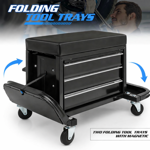 Asiento Rodante para Mecánico con 3 Cajones, Caja de Herramientas con Ruedas, Asiento de Almacenamiento de Herramientas para Taller con Cojín Acolchado, Negro GAPGAR024 - Product Image 5