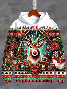 Sweat-shirt à capuche imprimé Père Noël, bonhomme de neige et cerf pour homme, hiver, décontracté, tricoté en polyester, coupe classique - Product Image 4