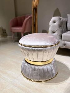 Pouf rond en bois de luxe, repose-pieds rembourré, chaise moderne pour la maison, mobilier pour chambre d'hôtel - Product Image 4