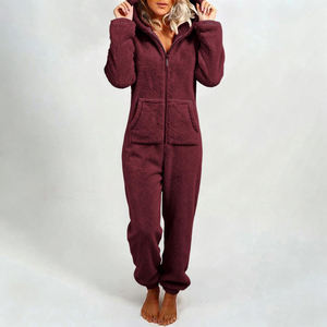 Pijama enterizo con capucha para mujer, de manga larga, color liso, de forro polar tejido, con cremallera, ropa cómoda para estar en casa, ropa de invierno - Product Image 3