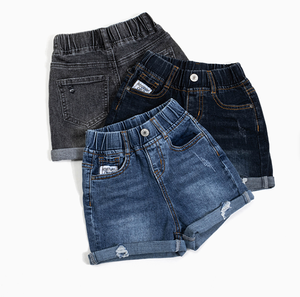 Shorts en jean délavé taille haute avec broderie pour filles, style décontracté, taille élastique, couleurs bleu et noir - Product Image 2
