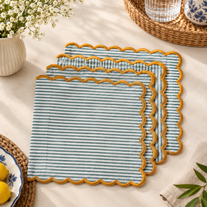 Ridhi Handmade Modern Blue Stripe Cotton Square 18" Napkins <b>Yellow</b> Scallop Embroidery Durable Machine Washable Eco-Friendly - Product Image 1
