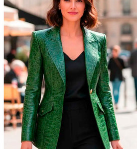 Blazer Verde con Estampado de Cocodrilo en Seda/Algodón para Mujer, Manga Larga, Cuello Alto, Cierre de Cremallera, Estilo Otoño/Invierno - Product Image 4