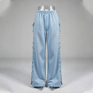 Pantalon décontracté pour femme à jambes larges avec détails de lacets latéraux, taille élastique, coupe décontractée - Product Image 3